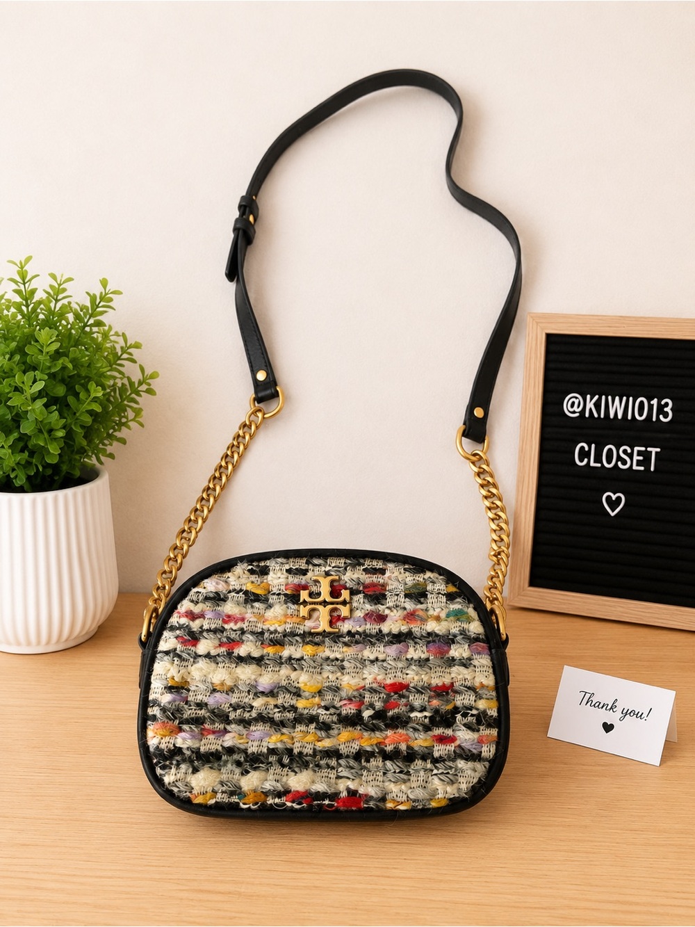 Tory Burch Multicolor Tweed Crossbody with Gold Logo and Black Trim
